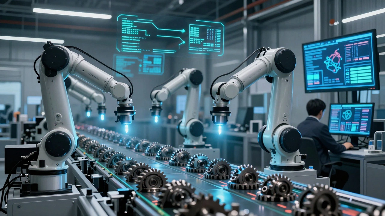 Роботы с лазерными сканерами проверяют детали на конвейере с помощью ИИ-аналитики.