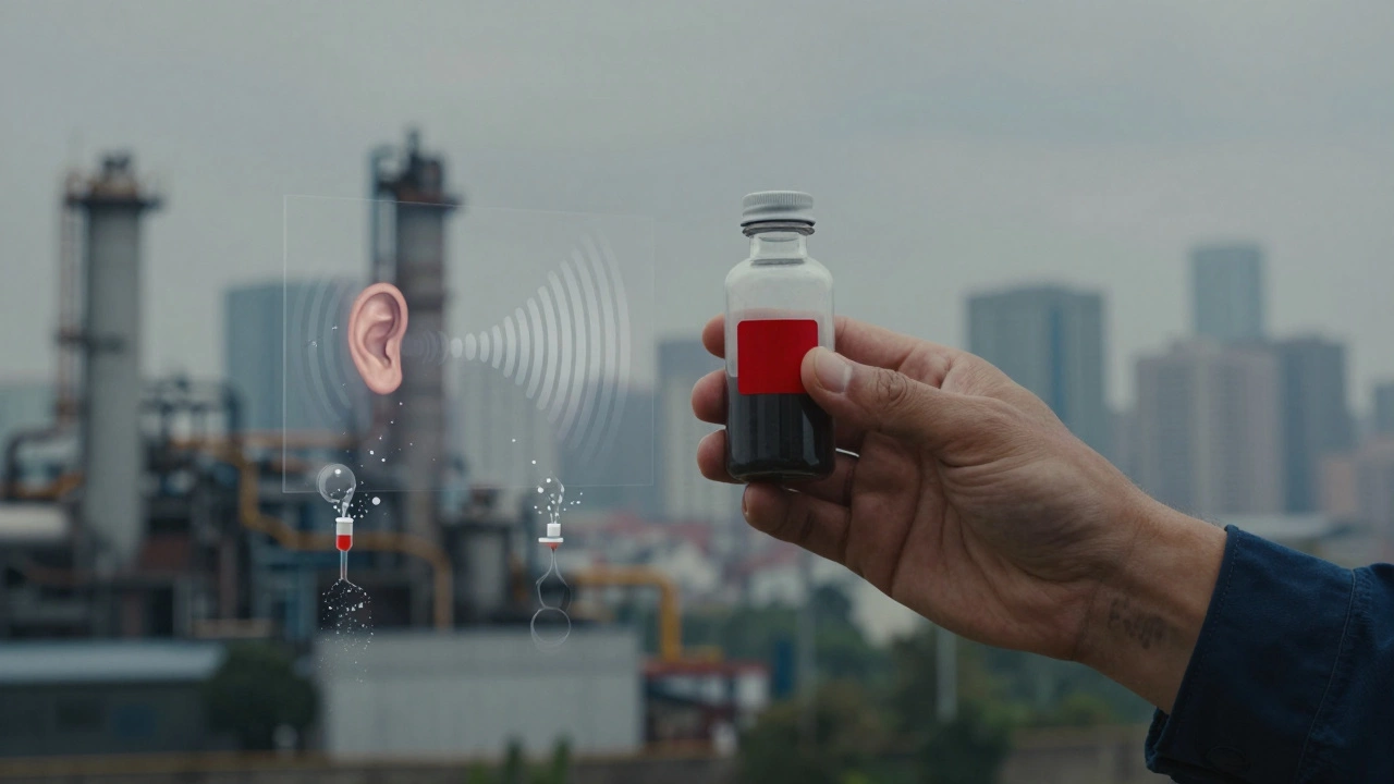 Рука с пробиркой отходов, с прозрачными визуализациями опасностей для здоровья и экологии.