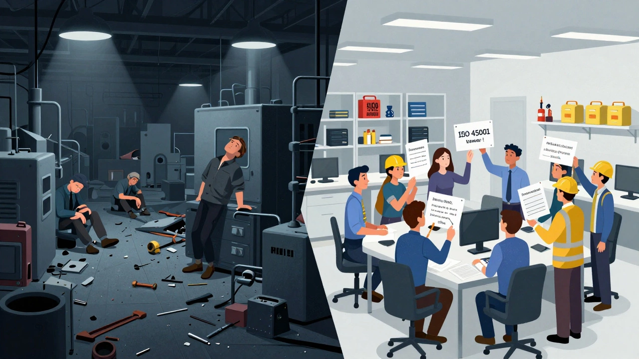 Сравнение двух цехов: хаотичного и безопасного — символизирующее переход к культуре охраны труда.