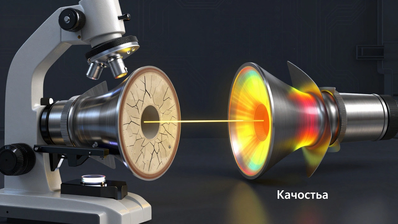 Сравнение разрушающего и неразрушающего контроля качества детали турбины.