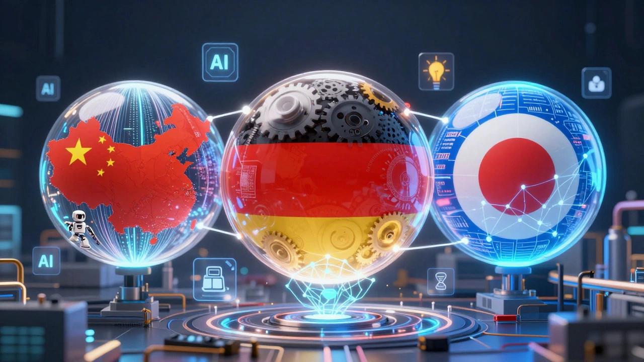 Три страны в виде сфер с технологиями, соединёнными цифровым двойником.