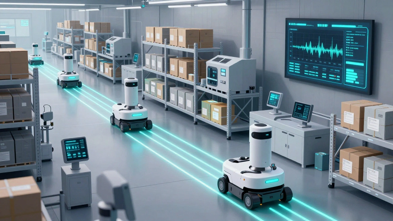 Автономные транспортные роботы доставляют упаковку, системы визуального контроля проверяют маркировку.
