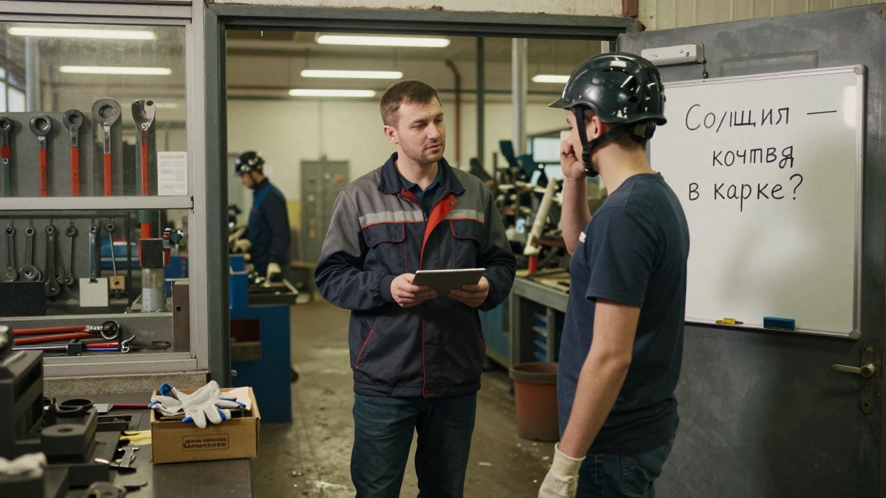 Бригадир спрашивает рабочего, надета ли каска, рядом — коробка с перчатками и доска с поощрениями.