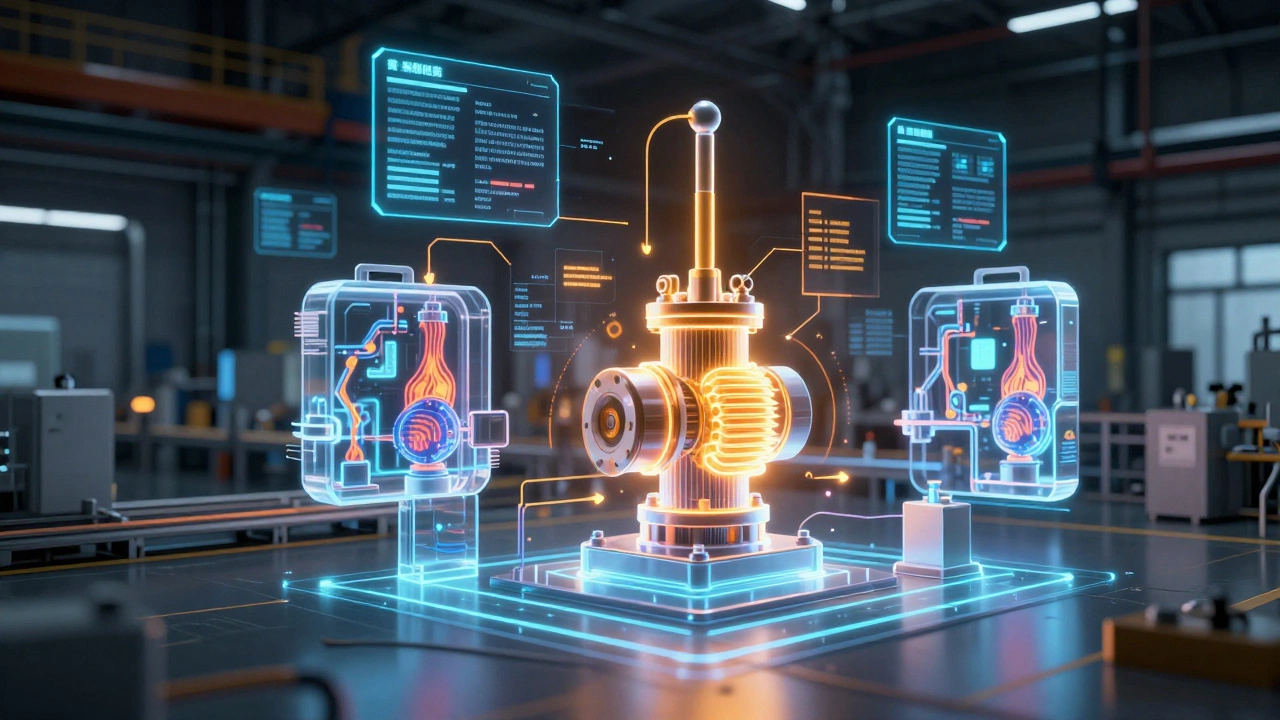 Цифровой двойник завода в виде голографической проекции над реальной линией производства.