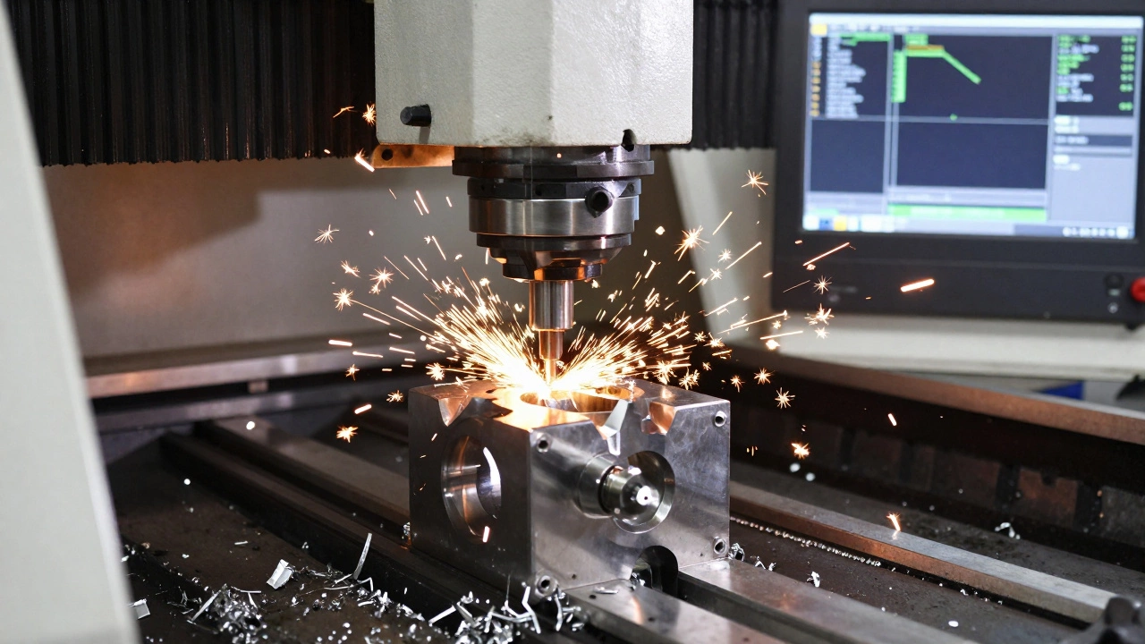 ЧПУ-станок обрабатывает металлическую деталь, искры летят от фрезы в процессе резки.