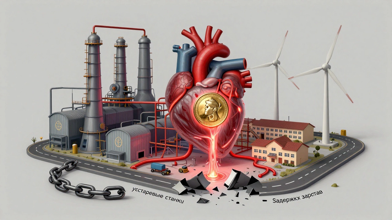 Фабрика как живое существо, чье сердце — монета прибыли, питающее школы, дороги и экологические технологии.