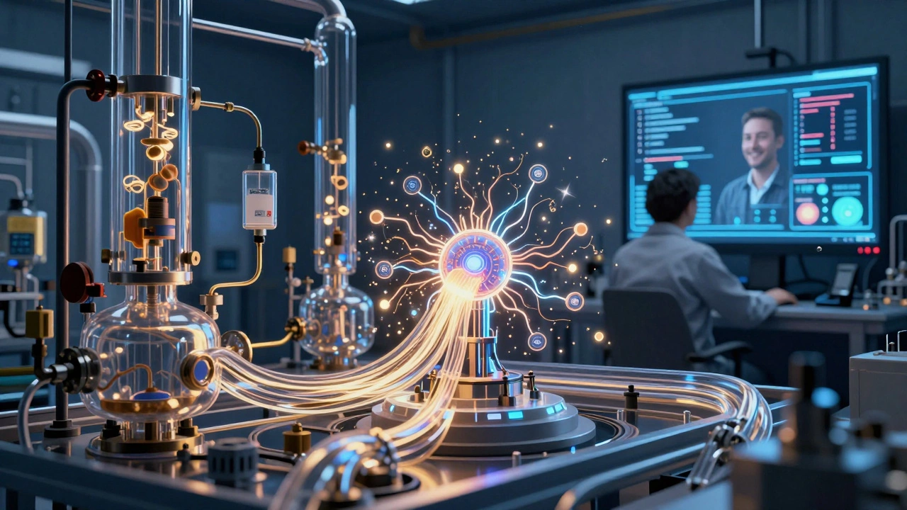 Искусственный интеллект анализирует параметры полимеризации, данные текут световыми потоками между реакторами.