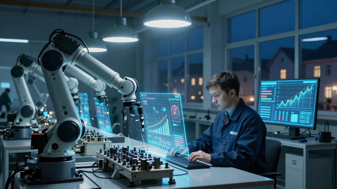 Ночной цех с роботами и оператором, наблюдающим за ростом прибыли, эффективности и зарплат на голографическом экране.