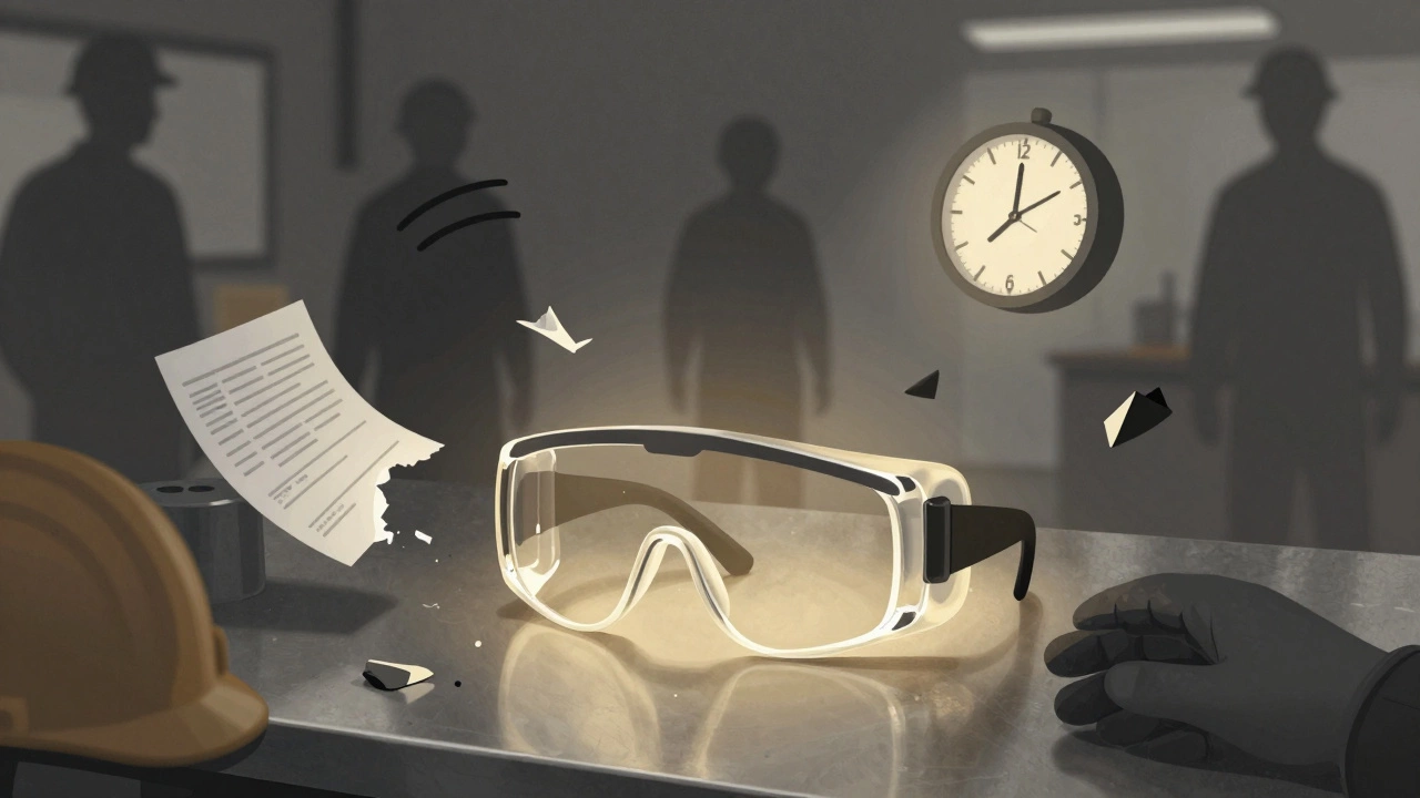 Одни защитные очки светятся золотом среди разбросанных символов опасности и человеческих силуэтов.