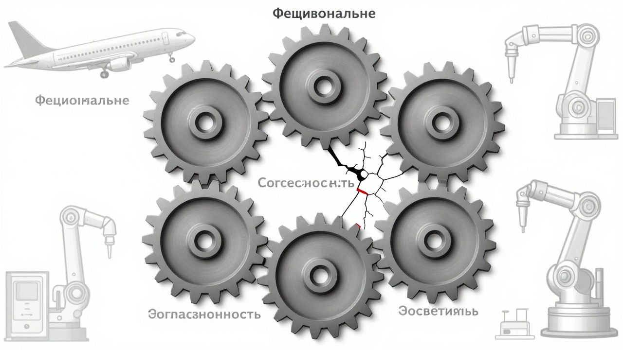 Пять взаимосвязанных шестерёнок, одна сломана, трещины расходятся по всей системе, фон — силуэты техники.