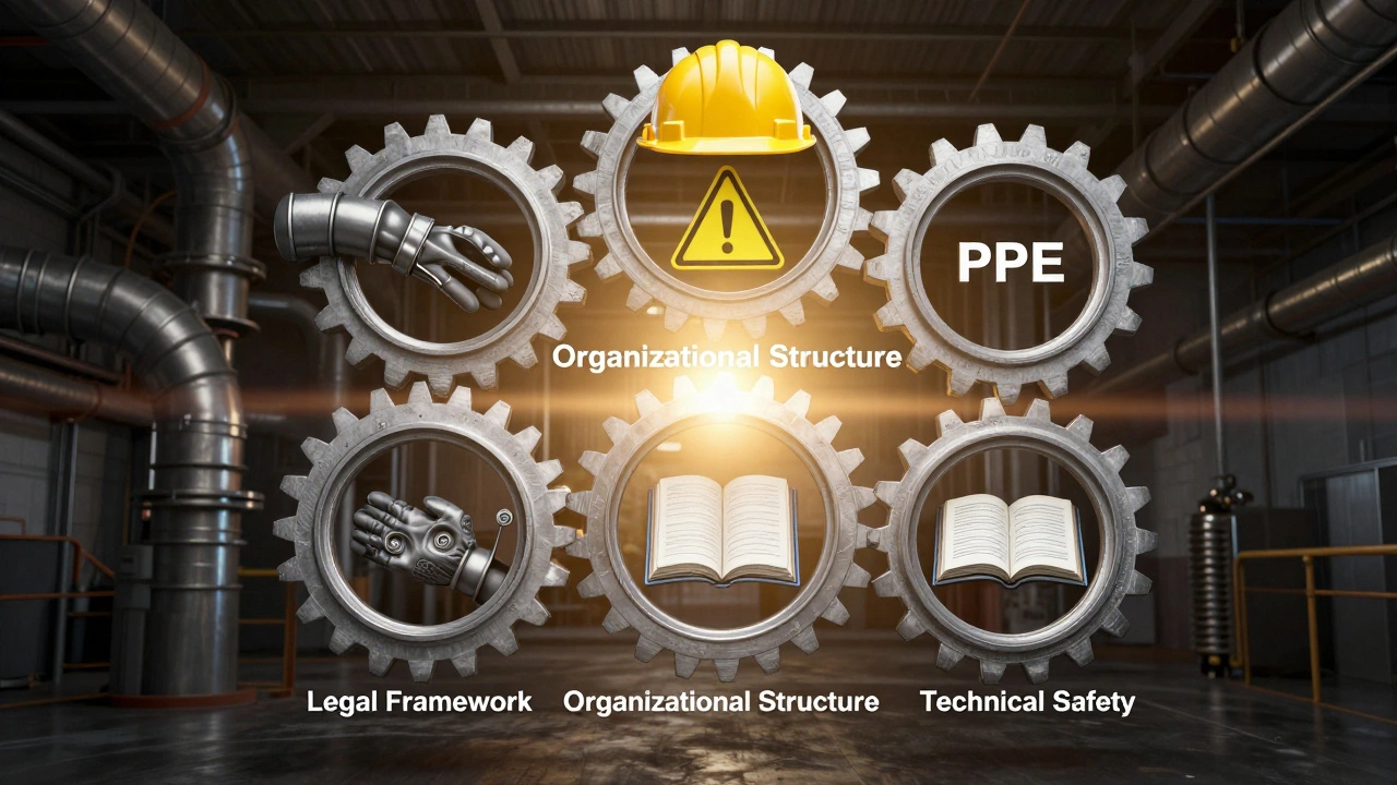 Пять взаимосвязанных шестерёнок, символизирующих основные блоки охраны труда, в промышленной среде.