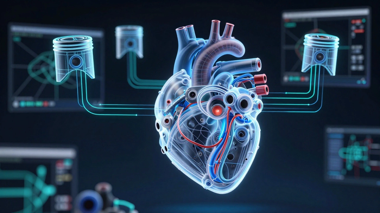 Прозрачная разобранный двигатель с нависающими цифровыми компонентами и потоками данных.