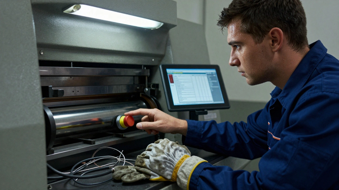 Рабочий нажимает аварийную кнопку, рядом — изношенный кабель и целые перчатки, на экране — запись инцидента.