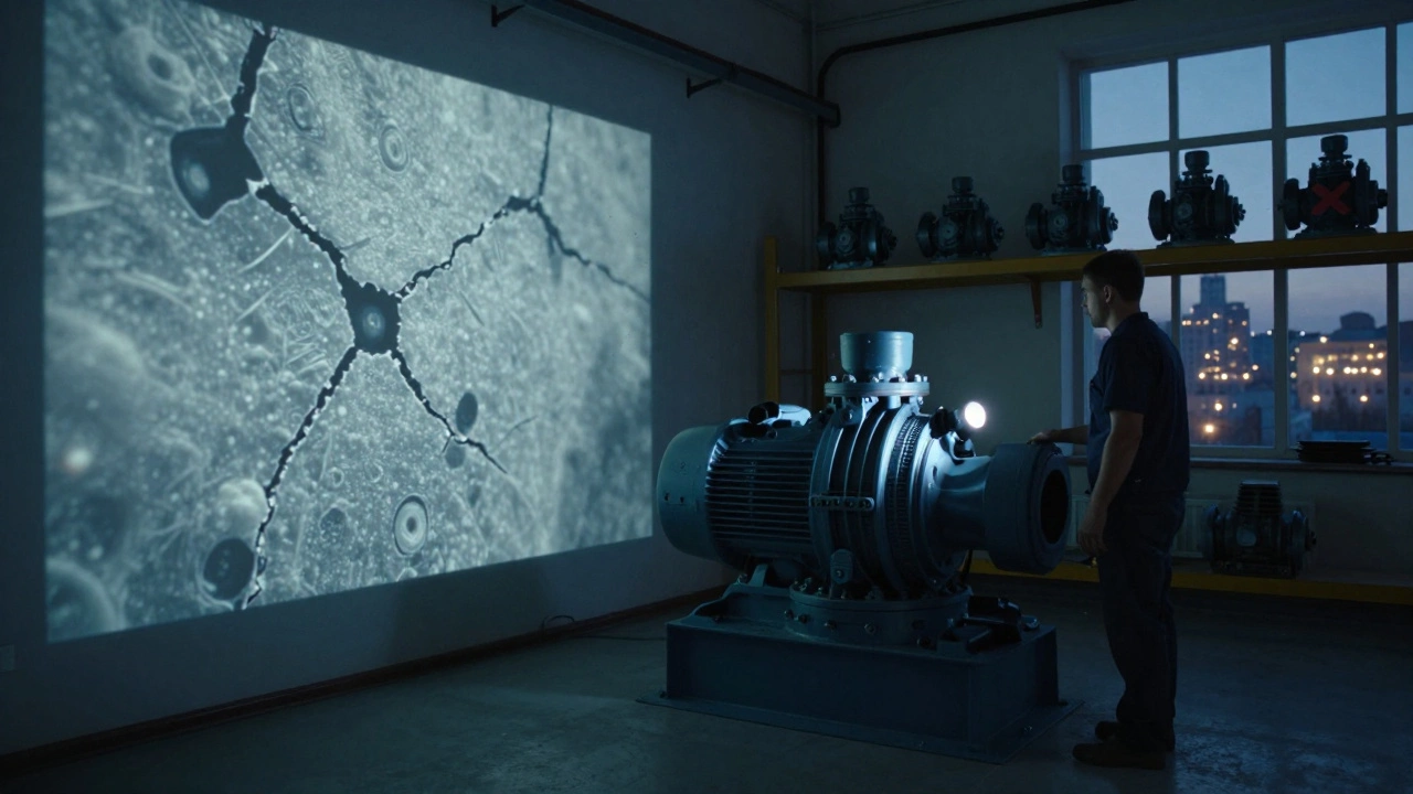 Рабочий смотрит на проекцию микротрещин на гидравлическом насосе, за ним — партия бракованных деталей, в окне — городские огни.