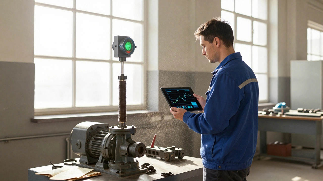Рабочий смотрит на таблицу с анализом износа насоса, рядом — один датчик на станке.