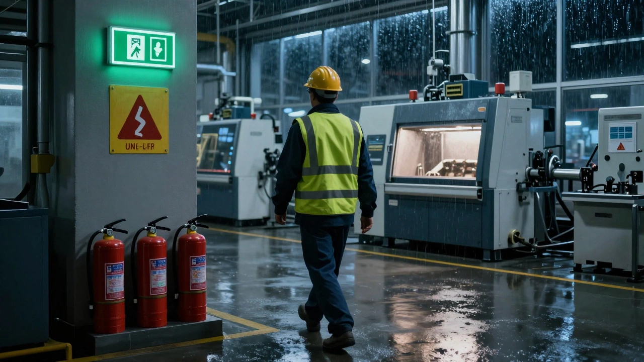 Рабочий в светоотражающей жилетке идёт по цеху ночью, вокруг — знаки безопасности и горящие аварийные выходы.