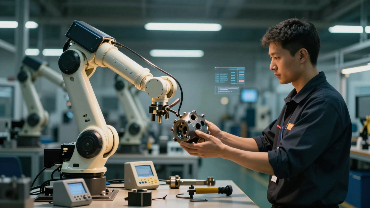 Робот и человек совместно работают над деталью на автоматизированной производственной линии.