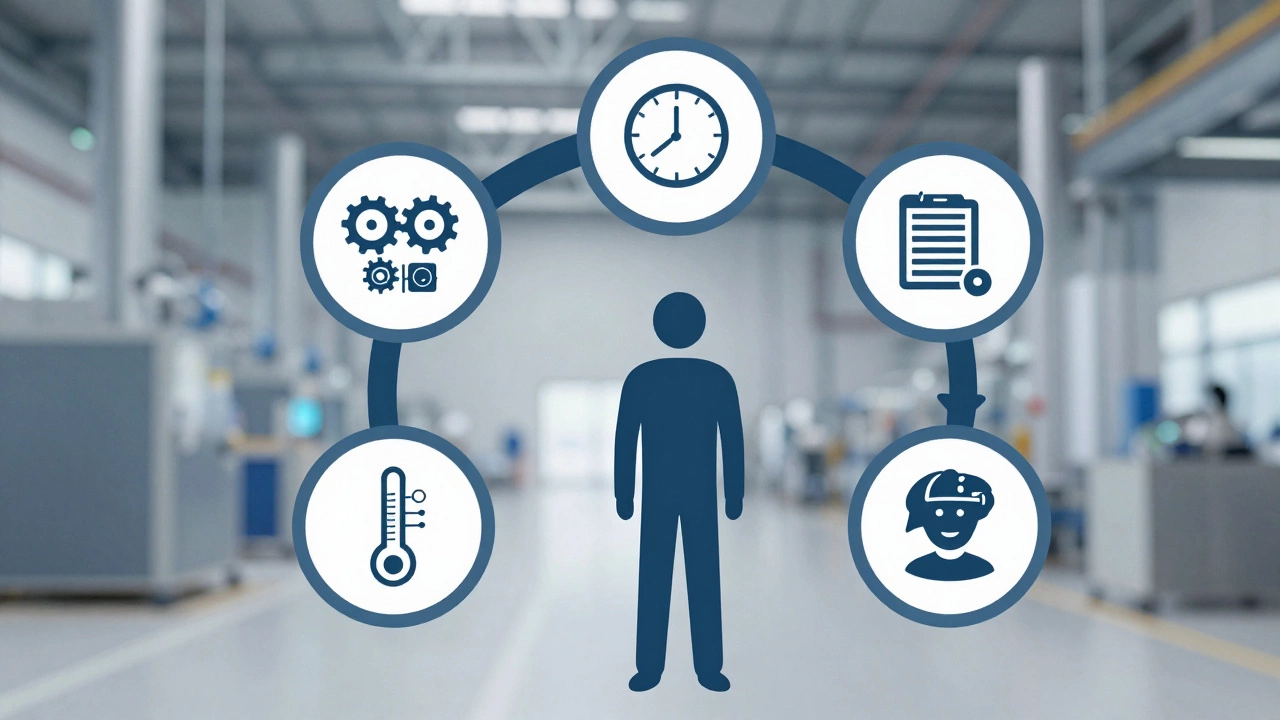 Схема пяти компонентов производственной безопасности: техника, организация, СИЗ, санитария, психоэмоциональное состояние.