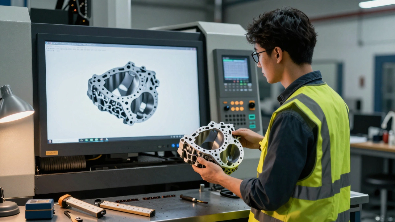 Специалист сравнивает 3D-печатную деталь с её цифровой моделью у станка с ЧПУ.