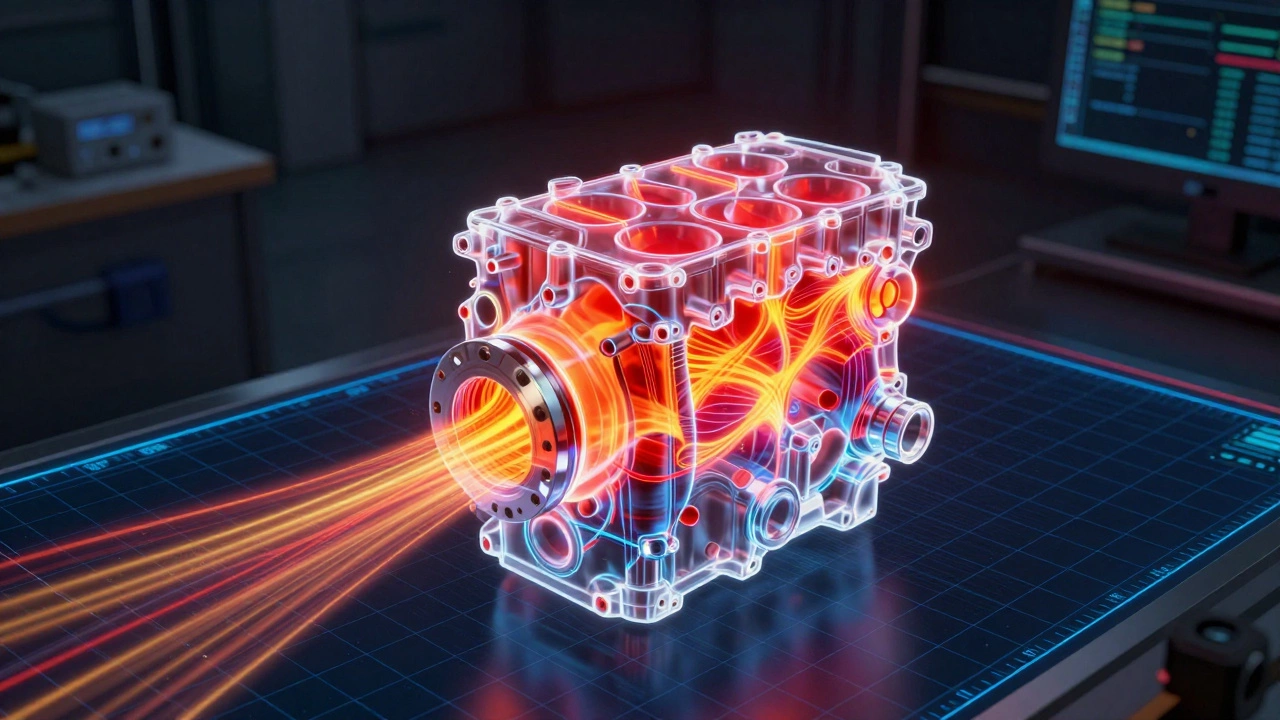 Тепловая карта напряжений на прозрачной модели двигателя, показывающая зоны перегрузки.
