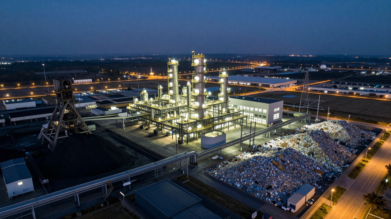 Аэрофотоснимок промышленного комплекса: шахта, фармацевтический завод и переработка отходов