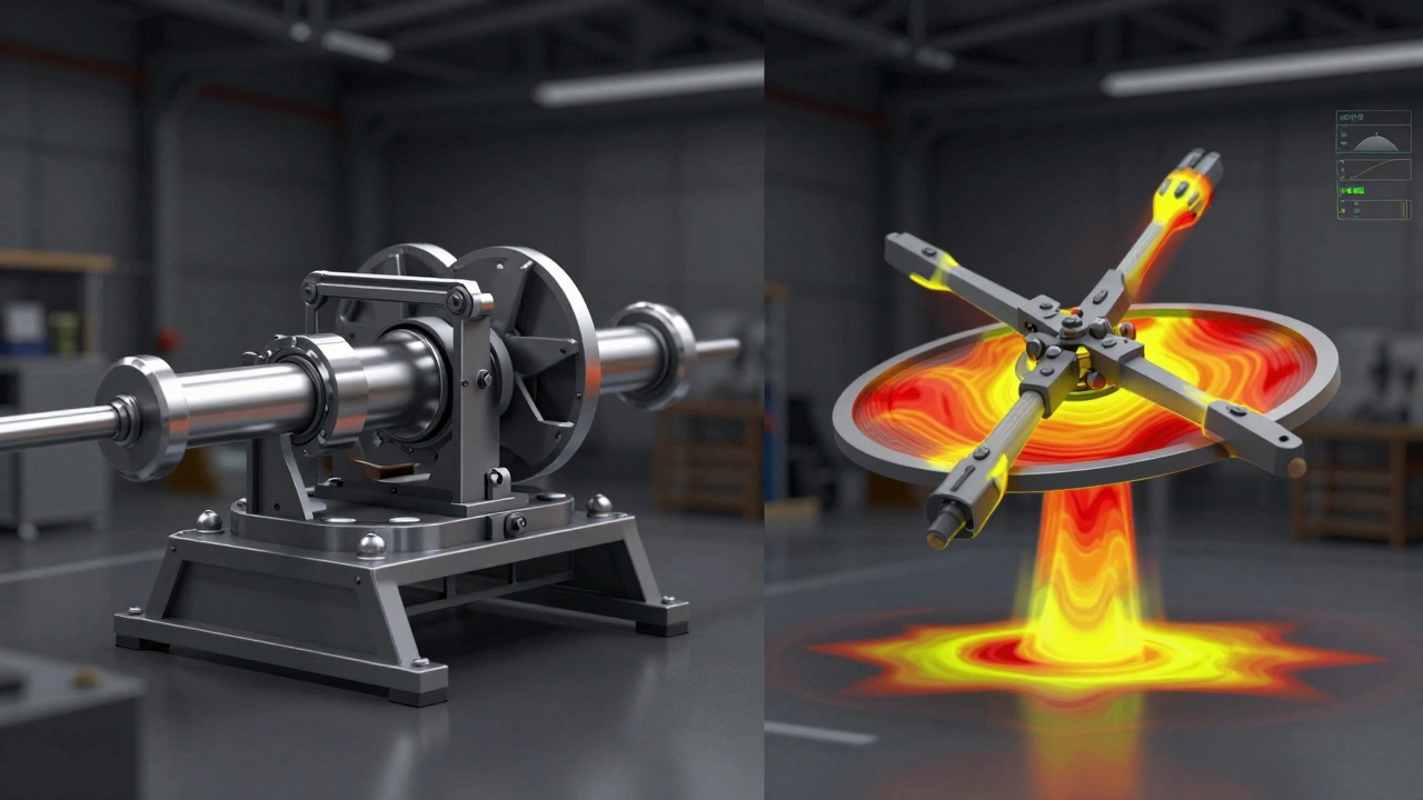 Цифровая модель детали с тепловыми картами напряжений рядом с её 3D-печатным прототипом.