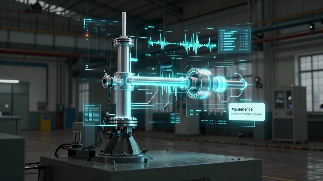 Цифровой двойник гидравлического цилиндра с потоком данных датчиков и напоминанием о техобслуживании.