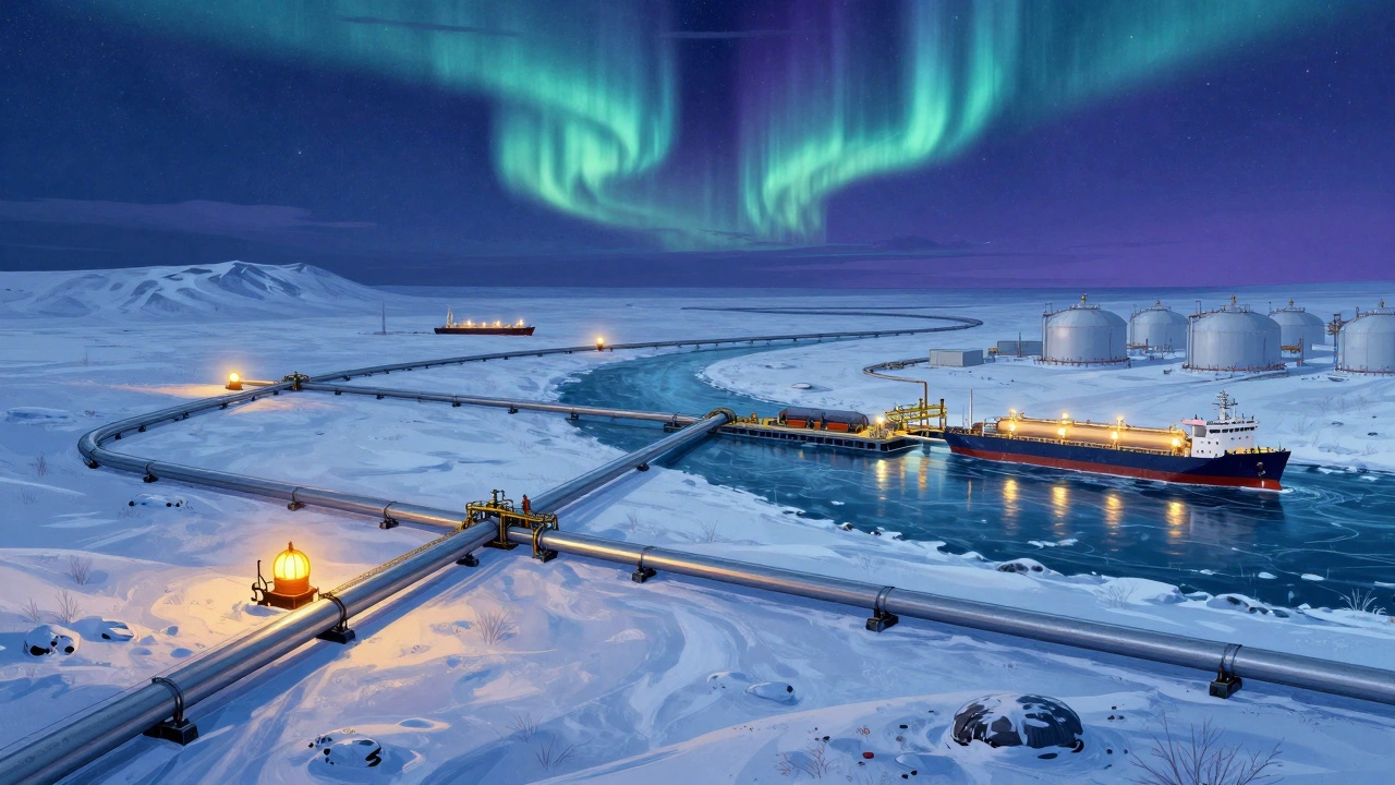 Газопровод в Ямале под северным сиянием с терминалом сжиженного газа.