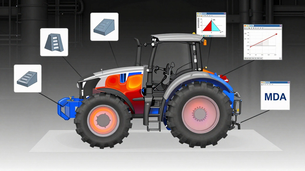 Разрез рамы трактора с цветовыми зонами напряжений и векторами нагрузок в среде моделирования FEA.