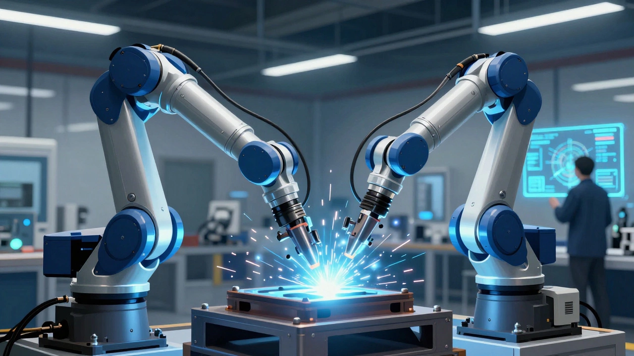 Роботы выполняют сварочные работы на современном заводе