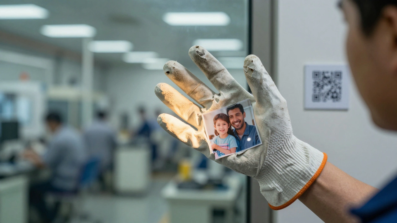 Рука с порванной перчаткой, в отражении — семья, символизирующая, почему безопасность важна.