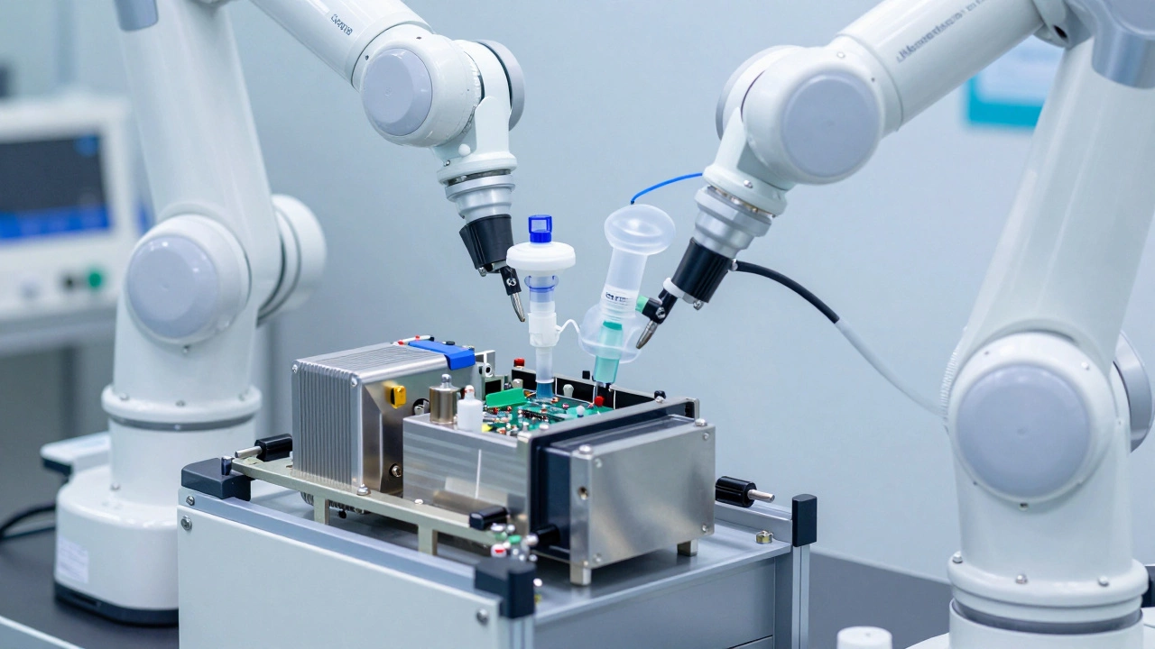 Сборка медицинского вентилятора в чистой комнате с микроэлементами и роботизированными руками.