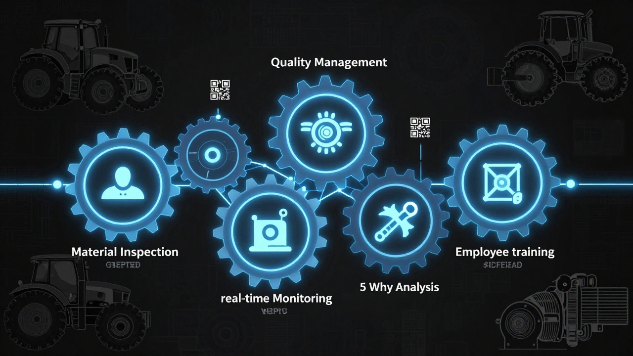 Схема системы управления качеством: процессы соединены как шестерни с QR-кодами и данными.