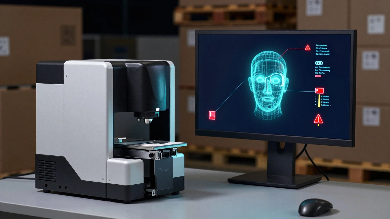 Система машинного зрения сканирует деталь, её цифровая копия на экране показывает отклонение, рядом светятся RFID-метки.