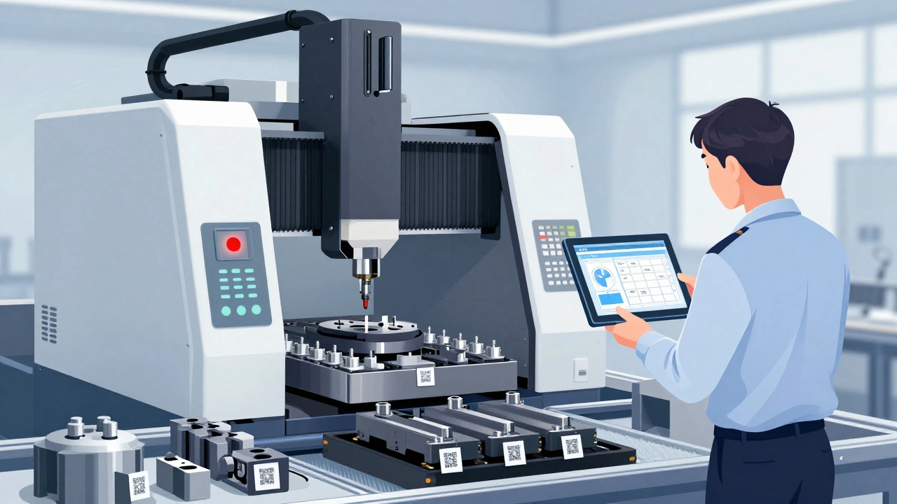 Смарт-станок останавливается автоматически при отклонении параметров, оператор проверяет данные на планшете.