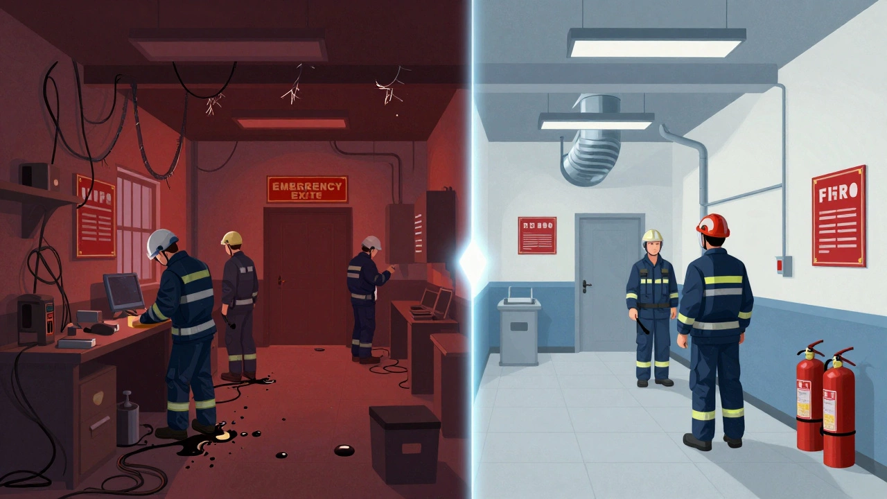 Сравнение опасного и безопасного рабочего места: хаос и порядок в одном кадре.