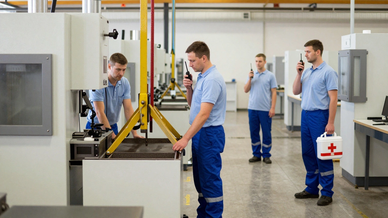 Три рабочих выполняют опасную операцию в команде, соблюдая правила безопасности.