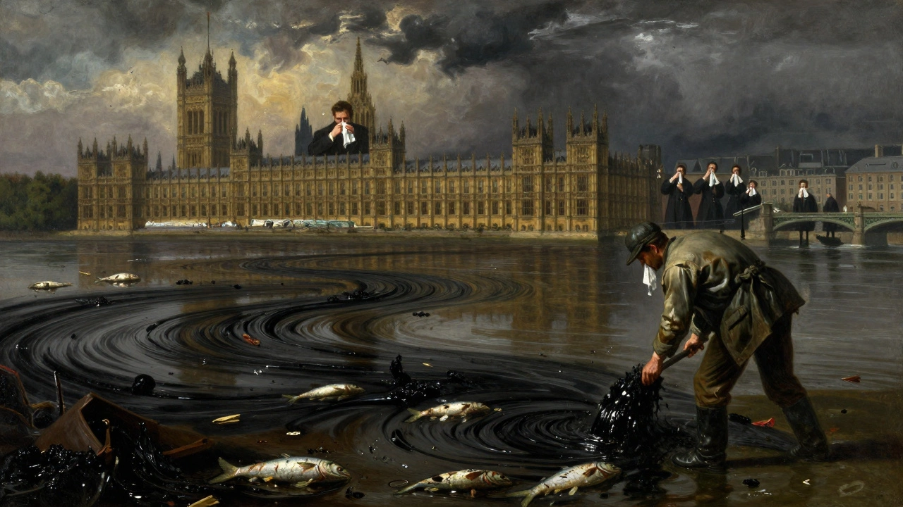 Загрязнённая Темза, парламентарии закрывают лица тряпками, трупы рыб на поверхности воды.