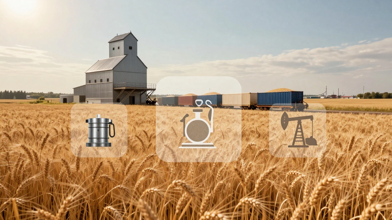 Золотое пшеничное поле в Поволжье с элеватором и поездами, гружеными зерном.