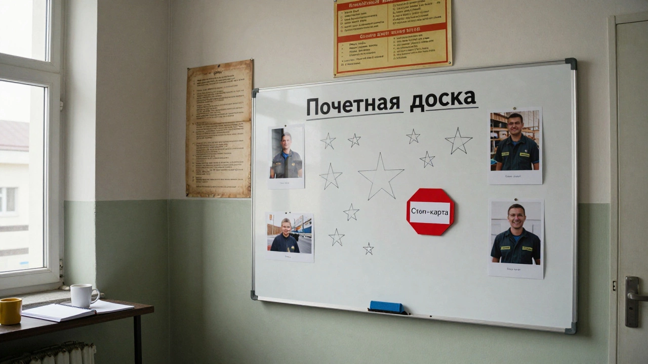 Доска почета на производстве с фотографиями сотрудников, сообщивших о рисках, и карточкой 'Стоп-карта' на фоне обычного перерыва.