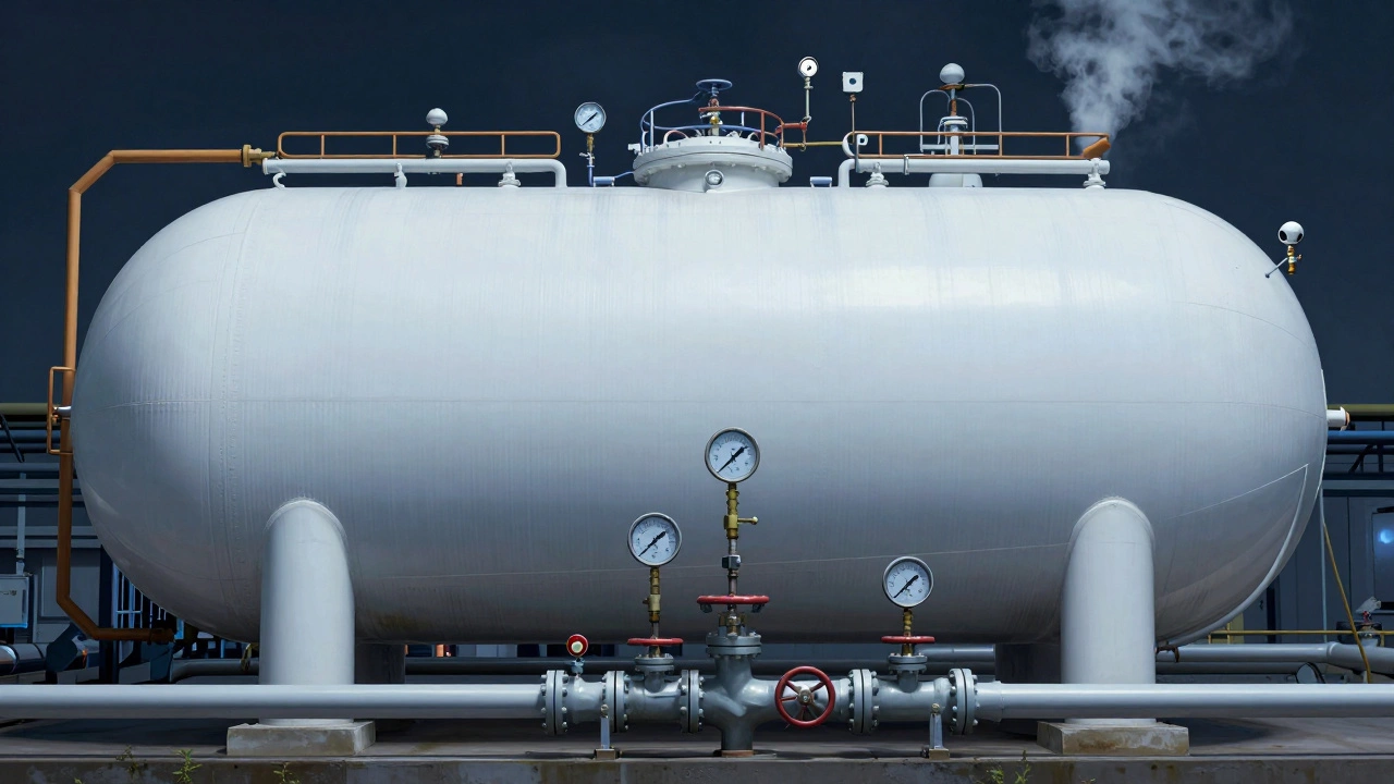 Химический резервуар с датчиками и клапанами, проверяемый инженером.