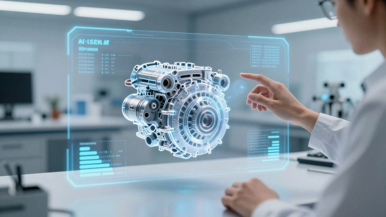 Инженер анализирует цифровой двойник детали в голограмме.