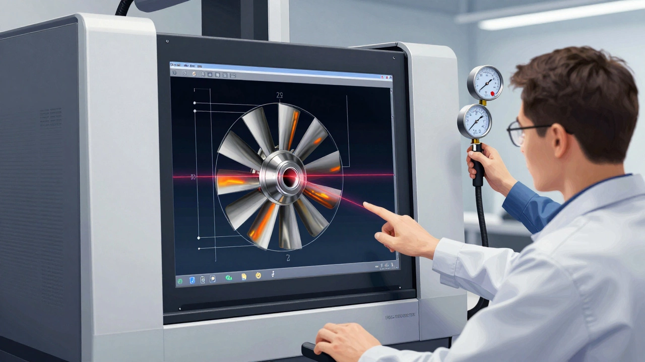 Инженер анализирует данные координатно-измерительной машины для детали турбины.