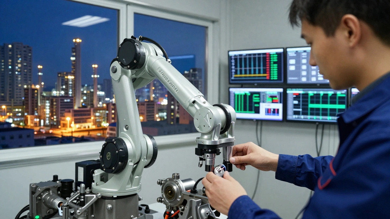 Инженер настраивает робота на заводе, за ним — экраны с данными производства, виден городской пейзаж за окном.