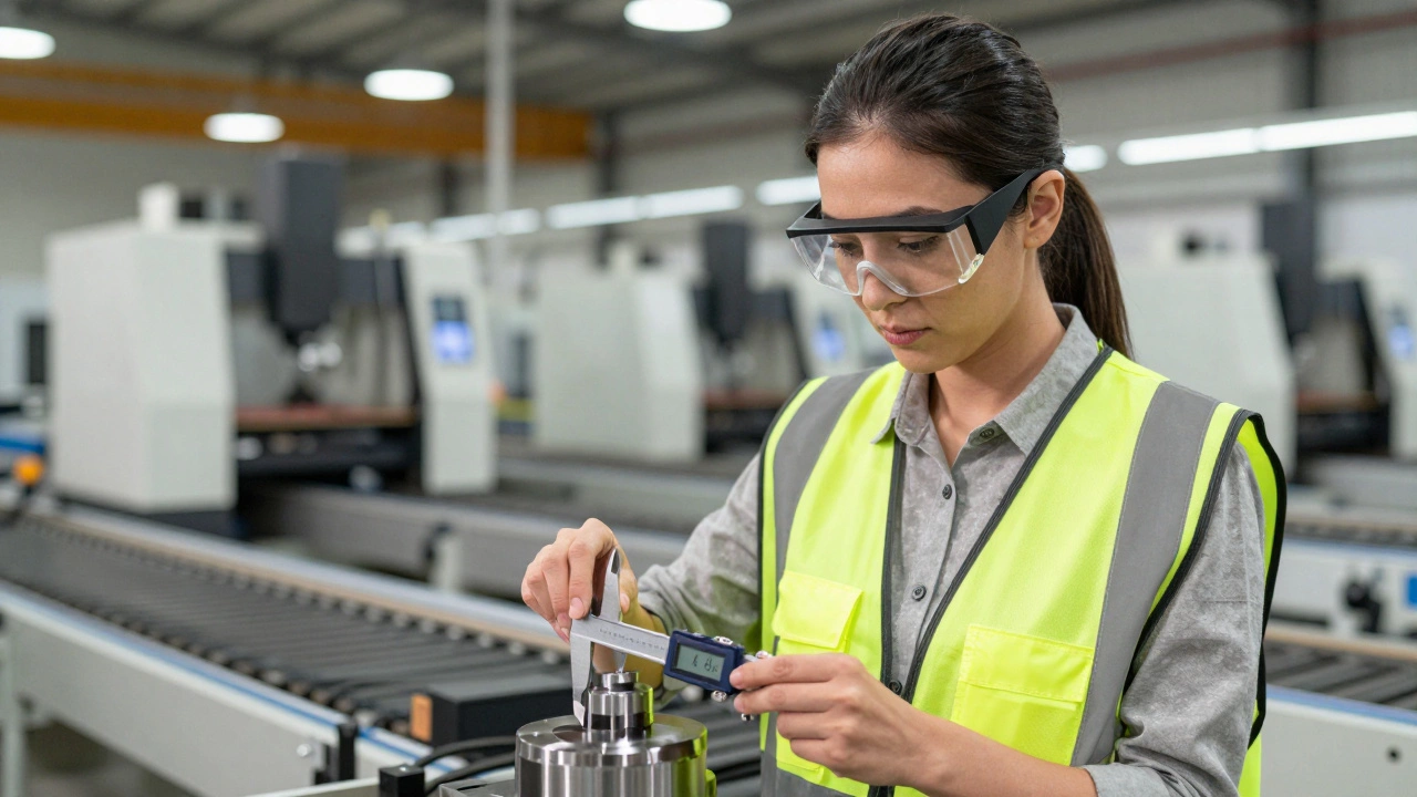 Инженер проверяет деталь измерительным прибором в цеху