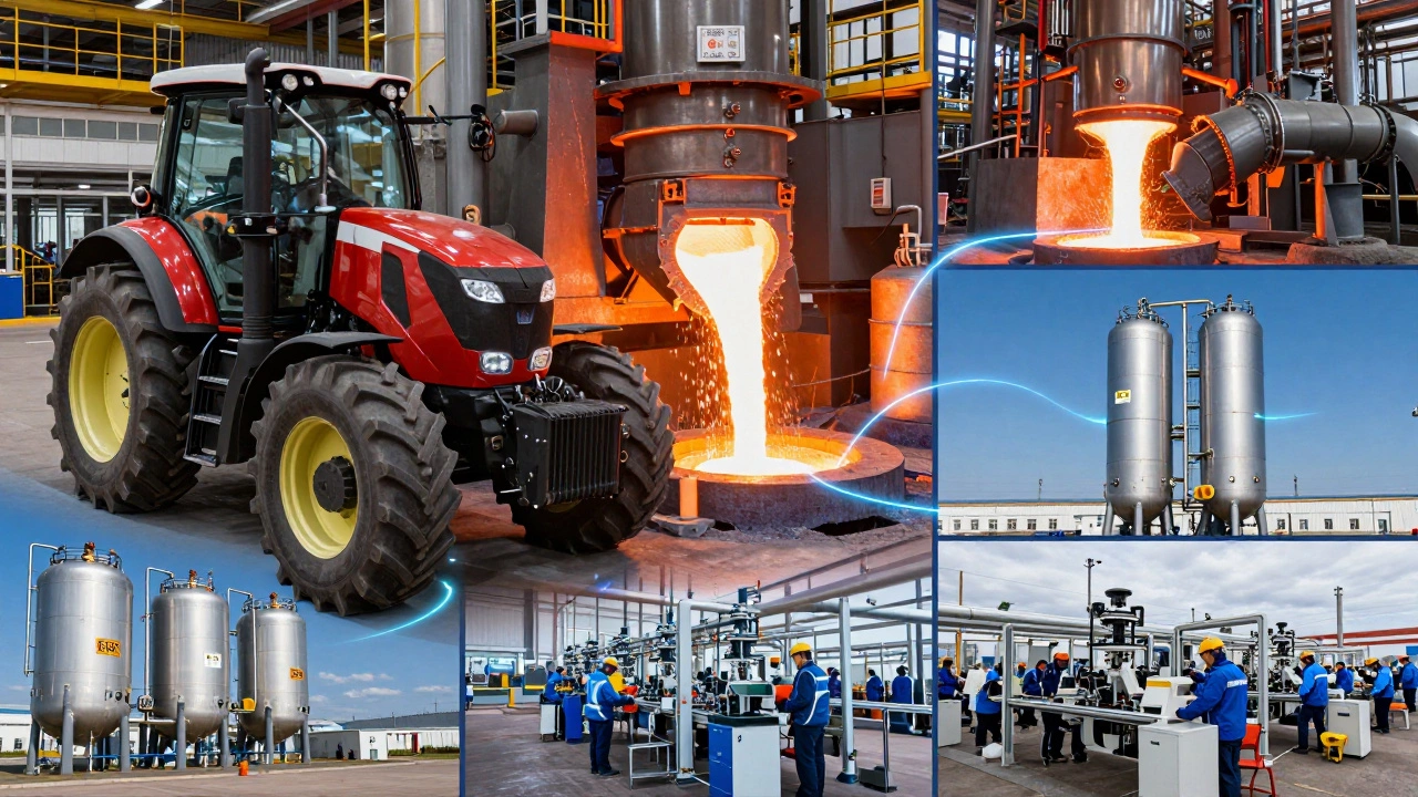 Комплекс промышленных отраслей России: машиностроение, металлургия, химия и электроника, соединённые потоками данных.