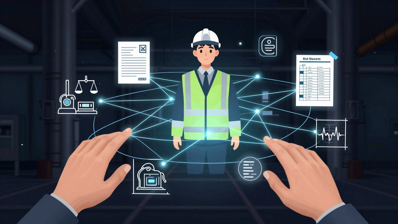 Концептуальное изображение специалиста по безопасности как центра системы связей между законами, технологиями и людьми.