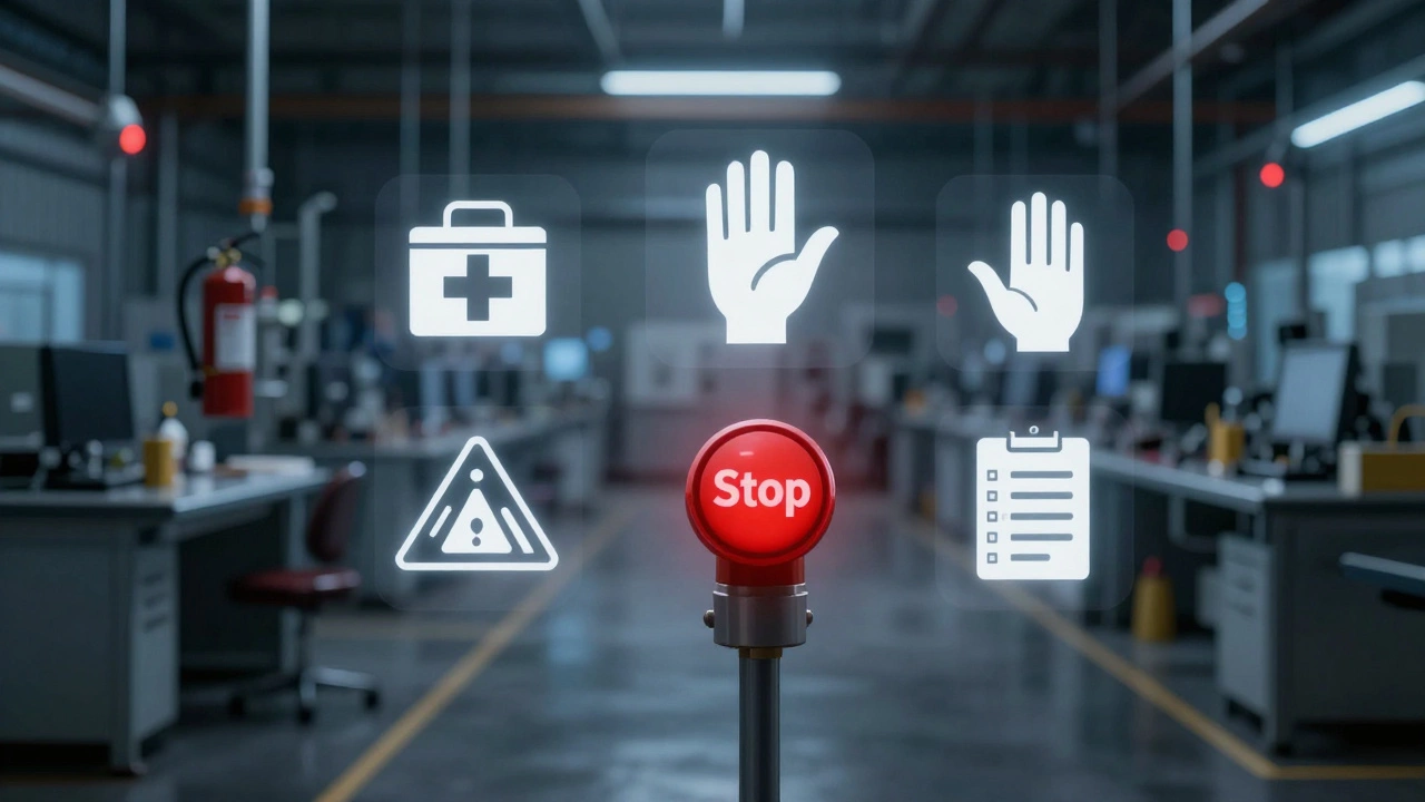 Пустой цех на рассвете: центральный красный кнопка 'Стоп' окружена символами безопасности — огнетушитель, аптечка, чистый пол.