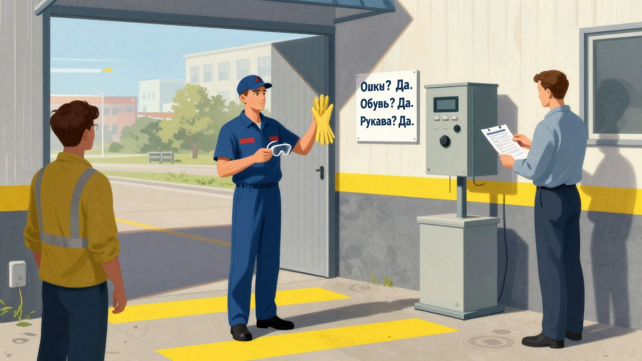 Рабочие проходят контроль безопасности у входа в цех: проверяют очки, обувь и рукава по чек-листу.