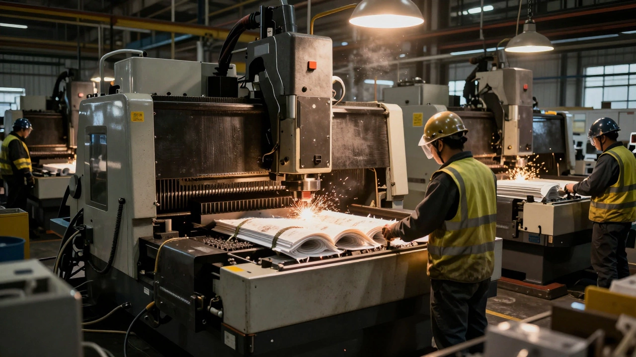 Рабочие у станков на производственной линии внутри цеха